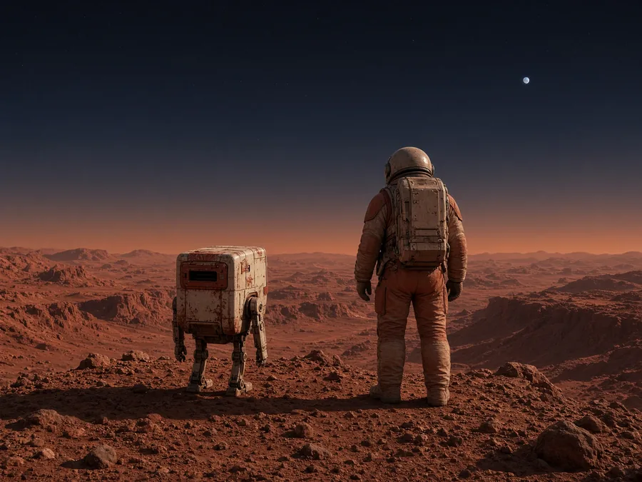 Astronaut and SPCX-BOT on a Martian ridge looking toward Earth