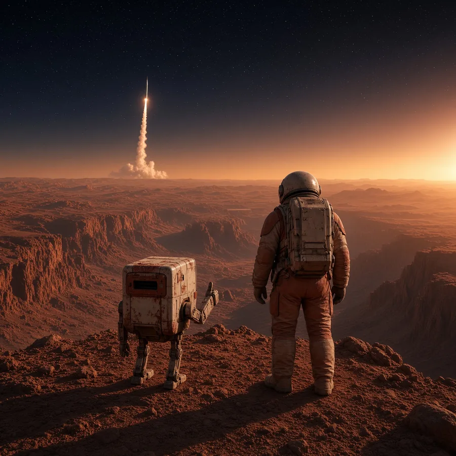 Astronaut and SPCX-BOT on a Martian cliff at sunrise