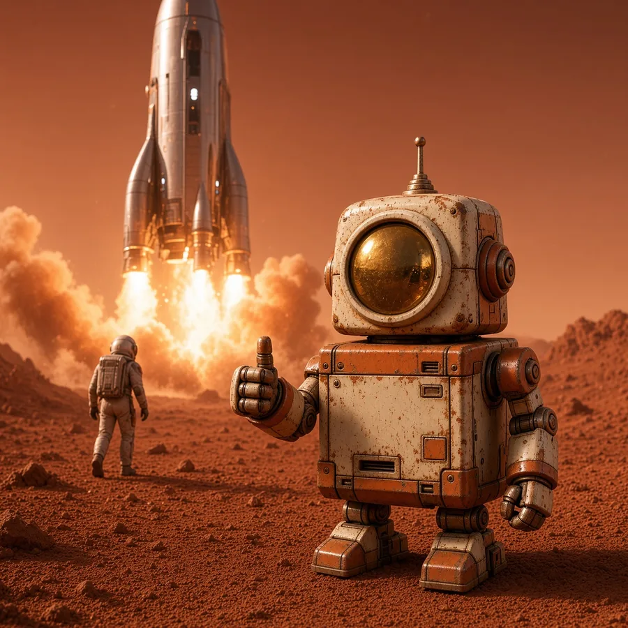 SPCX-BOT giving a thumbs-up as a rocket launches on Mars