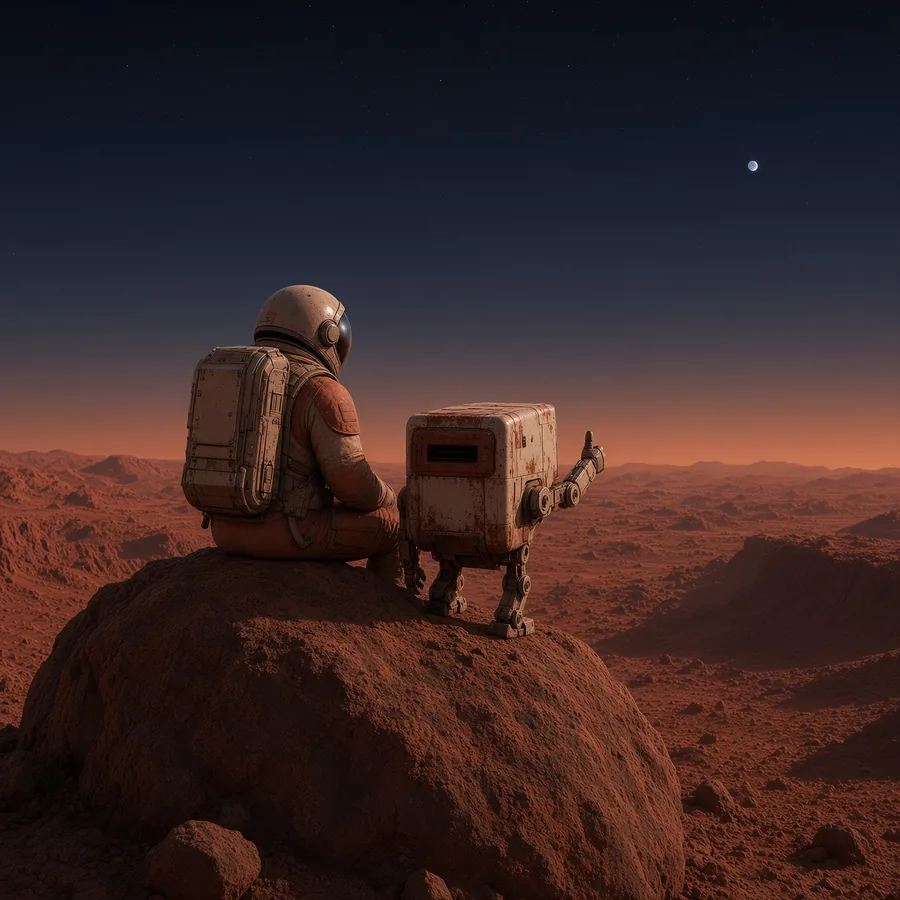 Astronaut sitting on a boulder with SPCX-BOT, Earth in the sky