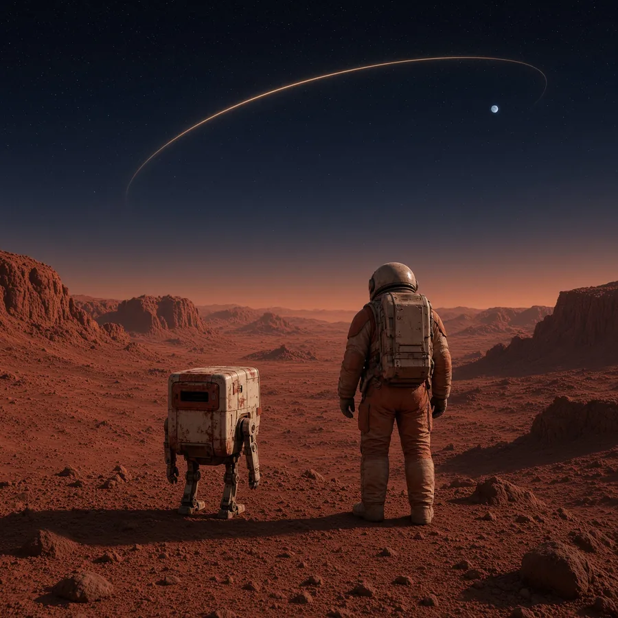 Astronaut and SPCX-BOT in a Martian valley under an orbital path