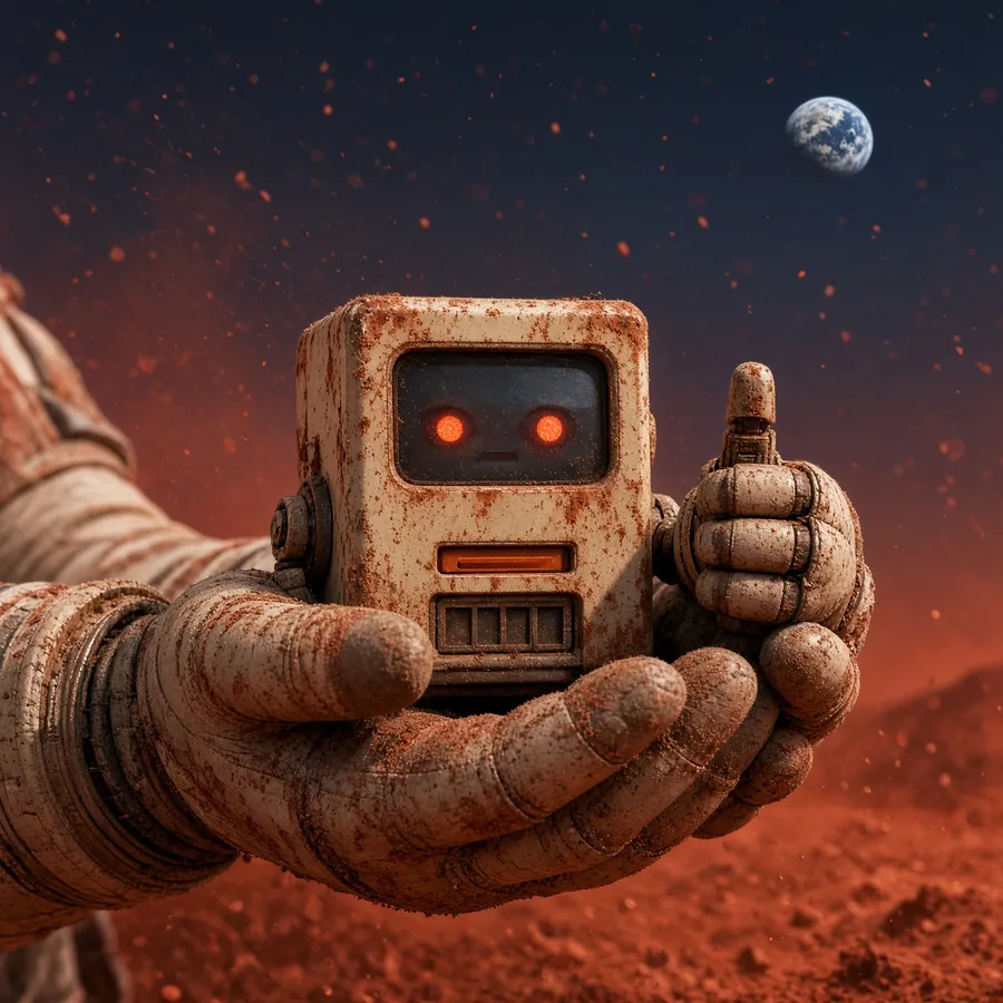 Astronaut gloves holding SPCX-BOT against a dusty Mars sky